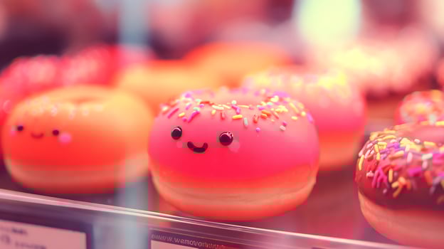 Cute Kawaii Donuts with Happy Faces and Colorful Sprinkles. photo