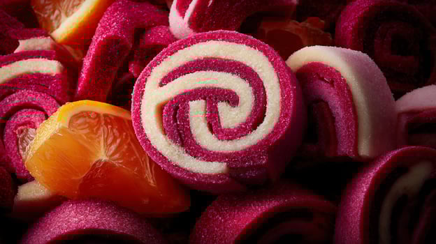 Sweet Spiral Candies with Juicy Orange Slices. photo
