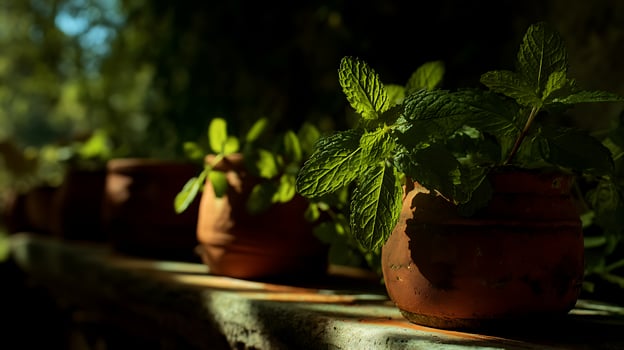 Sunlight bathes fresh mint plants in terracotta pots on a ledge. photo