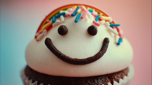 Delicious Chocolate Cupcake with Happy Face and Rainbow Sprinkles. photo