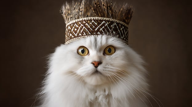 Majestic Feline King Adorned in a Feathered Headdress with Golden Eyes. photo