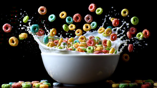 Colorful Cereal Rings Splash into Milk in a Dynamic Black Background Scene. photo