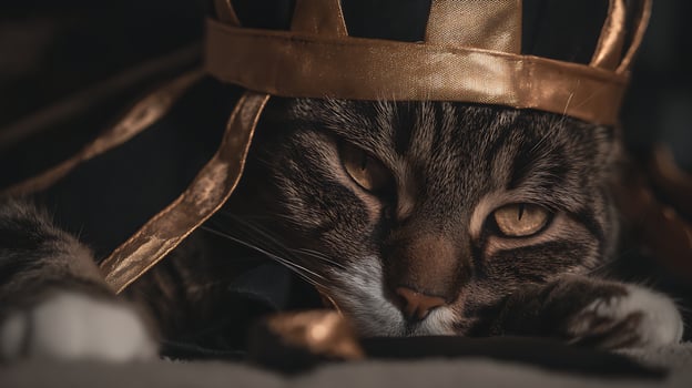 Majestic Cat Wearing a Golden Crown with a Regal Gaze. photo
