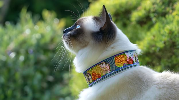 Elegant Cat with Bright Blue Eyes Gazing Upwards in Nature. photo