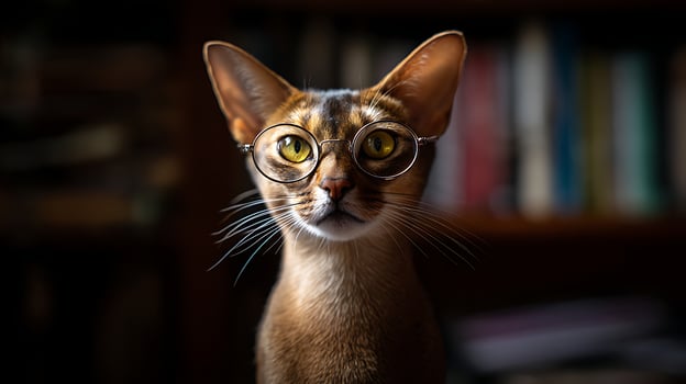 Smart Cat Wearing Glasses Studying Bookshelf Background. photo