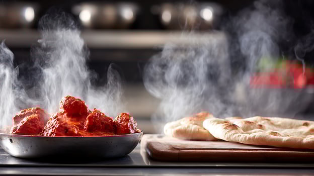 Steaming Hot Curry and Naan Bread Ready to Serve on a Countertop. photo