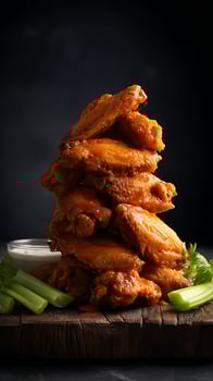 Delicious Hot Buffalo Chicken Wings Stacked High with Dip and Celery. photo