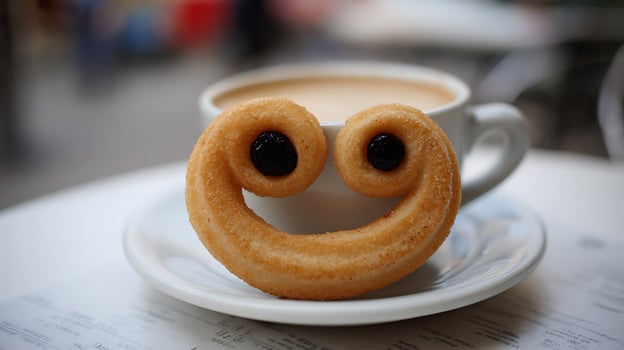Happy Churro Face with Coffee Morning Treat. photo