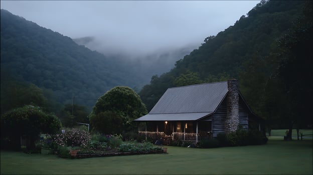 Cozy Cabin Retreat Nestled In Misty Mountains At Twilight. photo