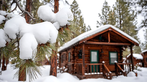 Cozy Log Cabin Retreat Surrounded by Snow Covered Pine Trees. photo