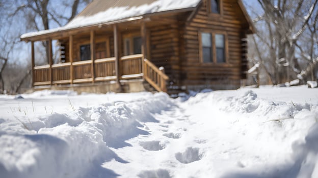 A Snowy Path Leads to a Cozy Cabin in the Winter Woods. photo