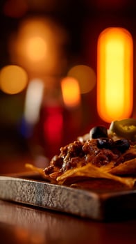 Close Up Of Delicious Nachos With Meat and Olives in a Warm Setting. photo