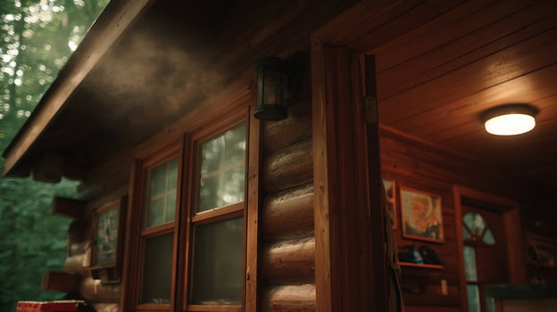 Cozy Wooden Cabin Retreat with Warm Interior Light and Misty Forest Ambiance. photo