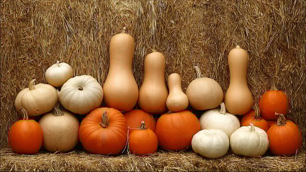 A Bounty of Autumn Pumpkins and Gourds on a Hay Bale. photo