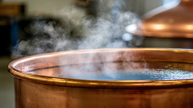 Steam Rising from a Warm Copper Kettle in a Brewery. photo