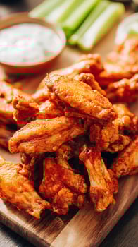 Delicious Spicy Chicken Wings with Dip and Celery Sticks. photo