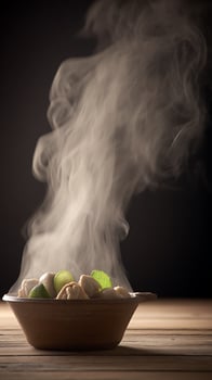 Delicious Steaming Dumplings with Lime and Mint on Wooden Table. photo