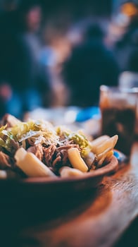 Delicious Pasta Dish with Shredded Meat and Guacamole. photo