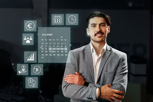 Professional man standing confidently with digital interface displaying financial and scheduling information in a modern business environment photo