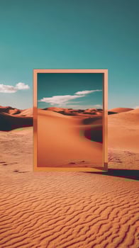 A desert landscape with a square frame in the middle of the desert photo
