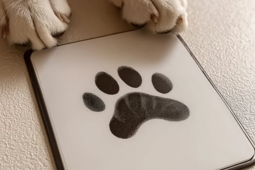 A dog paw print on a white surface photo