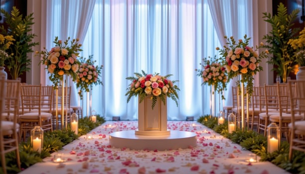 close up view of a podium installed at the end of a petal lined walkway, with soft lighting guiding attention to the floral centerpiece. photo