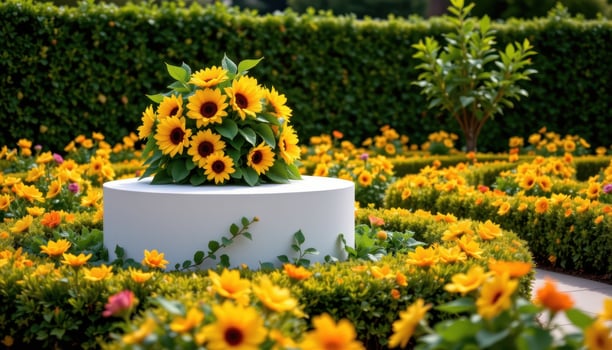 close up view of a podium adorned with vibrant sunflowers and ivy, nestled in a sea of neatly trimmed floral beds that emphasize symmetry and natural beauty. photo