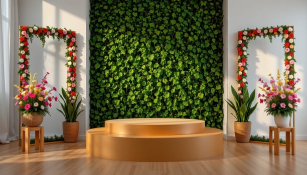 close up view of a podium beside flower frames. photo
