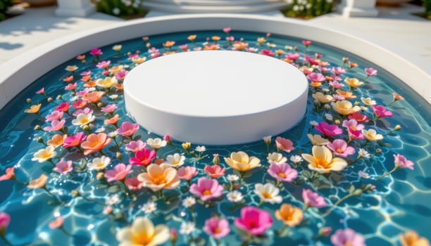 close up view of a podium encircled by a flowing moat of floating flowers moving slowly in a transparent water channel. photo