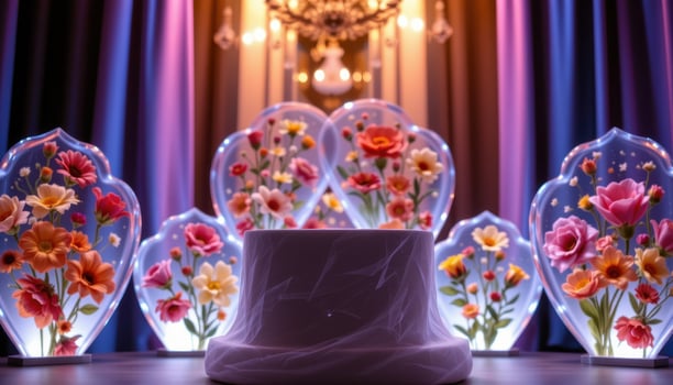 close up view of a podium illuminated from below through petal shaped glass panels embedded with preserved flowers. photo