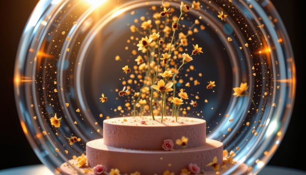 close up view of a podium inside a glass cylinder with floral dust suspended like pollen under golden light. photo