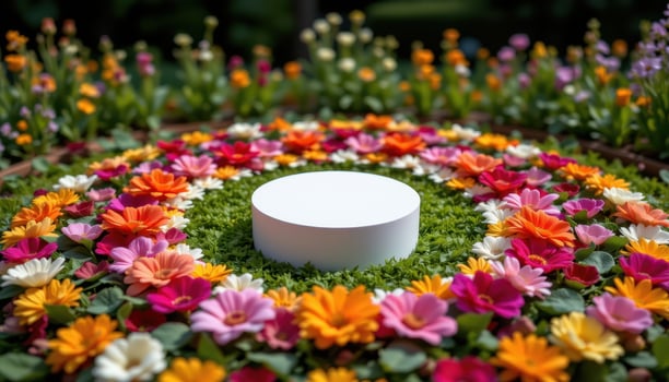 close up view of a podium resting at the heart of a living floral mandala formed with perfect color symmetry. photo