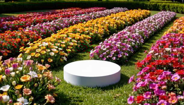 close up view of a podium surrounded by a field of curated floral patches, each assigned its own color theme and bloom type. photo