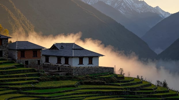 Misty Himalayan valley revealing golden sunlight washing over traditional houses nestled among terraced agricultural slopes in rural Nepal photo
