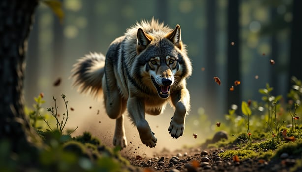 Wolf running in a forest photo