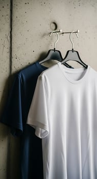 Two t shirts hanging on a rack against a textured wall a white one and a blue one displayed together photo