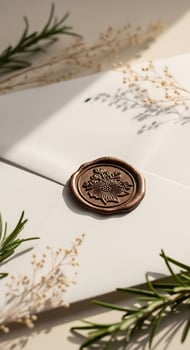 A wax seal with a floral design on a white envelope surrounded by greenery and dried flowers photo