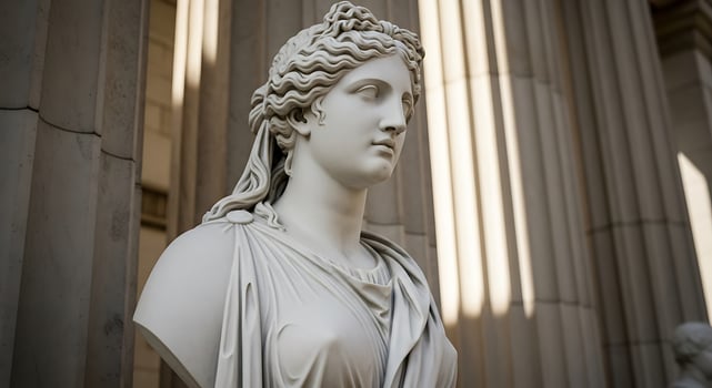 Close up of a white marble bust of a woman with columns in the background on a sunny day outdoors photo