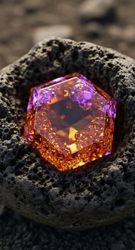 A captivating crystal nestled within a porous rock formation on a textured surface setting outdoors photo