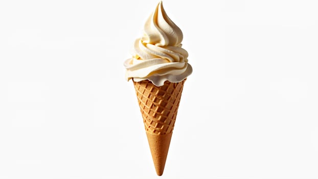 Classic vanilla soft serve ice cream in a waffle cone isolated on a white background. Suitable for food advertisements, dessert menus, and summer treat promotions. photo