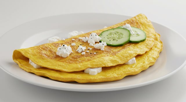 Fluffy Omelette Delicately Garnished With Feta Cheese And Cucumber Slices photo