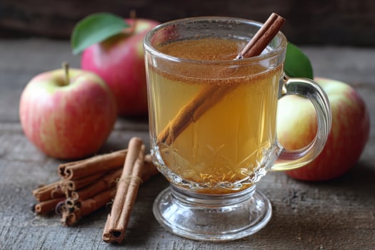 Warm apple cider with cinnamon sticks and fresh apples on a rustic wooden table photo