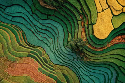 Stunning aerial view of vibrant terraced rice fields in a rural landscape during daytime photo