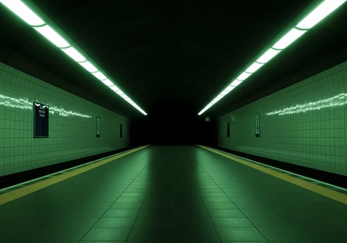 Empty Subway Underground Tunnel Green Fluorescent Lighting Urban Infrastructure Symmetrical Perspective Moody Atmospheric Architecture Transportation System photo