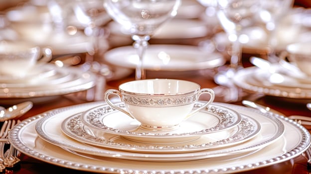 Elegant table setting with fine china, crystal glassware, and polished silverware for special occasions photo