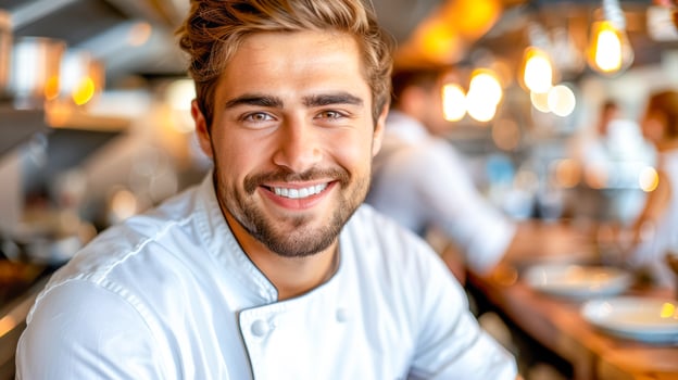 Smiling male chef in a modern kitchen with warm lighting and inviting atmosphere for culinary art photo