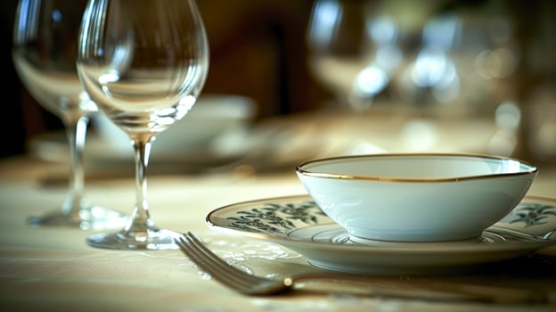 Elegant dining table setting with fine china, crystal glassware, and soft ambient lighting photo