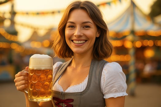 Smiling woman enjoying a large beer at a festive outdoor celebration photo