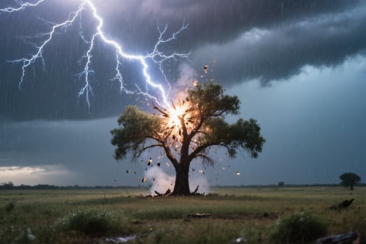 A Dramatic Lightning Bolt Strikes a Tree During Intense and Stormy Weather Conditions photo