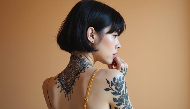 A person with intricate tattoo designs, wearing a golden strap garment, stands against a neutral background. photo